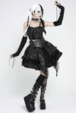 Black Gothic Lace Up Ruffle Mini Skirt with Chain