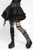 Black Gothic Lace Up Ruffle Mini Skirt with Chain