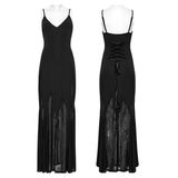 Black Gothic Maxi Dress with Sheer Panels and Lace-Up Back