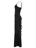 Black Gothic Maxi Dress with Sheer Panels and Lace-Up Back