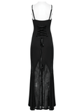 Black Gothic Maxi Dress with Sheer Panels and Lace-Up Back