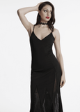 Black Gothic Maxi Dress with Sheer Panels and Lace-Up Back