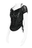 Black Gothic Mesh Short-Sleeve Top with Chains and Lace-Up