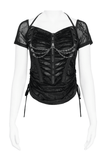 Black Gothic Mesh Short-Sleeve Top with Chains and Lace-Up