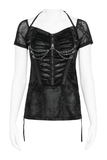 Black Gothic Mesh Short-Sleeve Top with Chains and Lace-Up