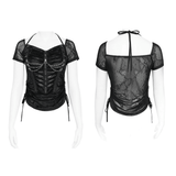 Black Gothic Mesh Short-Sleeve Top with Chains and Lace-Up