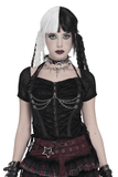 Black Gothic Mesh Short-Sleeve Top with Chains and Lace-Up