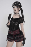 Black Gothic Mesh Short-Sleeve Top with Chains and Lace-Up