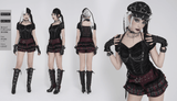 Black Gothic Mesh Short-Sleeve Top with Chains and Lace-Up