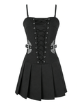 Black Gothic Pleated Dress with Lace-Up Corset Front