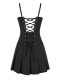 Black Gothic Pleated Dress with Lace-Up Corset Front