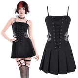 Black Gothic Pleated Dress with Lace-Up Corset Front
