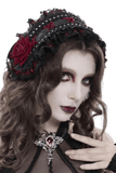 Black Gothic Rose Bonnet with Lace Frills and Rivets