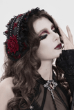 Black Gothic Rose Bonnet with Lace Frills and Rivets