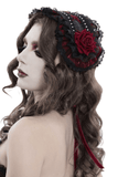 Black Gothic Rose Bonnet with Lace Frills and Rivets