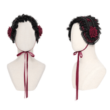 Black Gothic Rose Bonnet with Lace Frills and Rivets