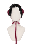 Black Gothic Rose Bonnet with Lace Frills and Rivets
