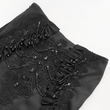Black Gothic Skirt with Lace-Up Fringe and Floral Stitching