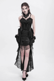 Black Gothic Skirt with Lace-Up Fringe and Floral Stitching