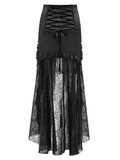 Black Gothic Skirt with Lace-Up Fringe and Floral Stitching