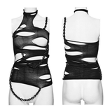 Black Gothic Torn Crop Top with Detachable Chains