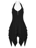 Black Halter Asymmetric Ruffled Hem Mini Dress