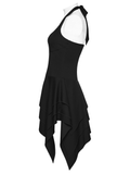 Black Halter Asymmetric Ruffled Hem Mini Dress