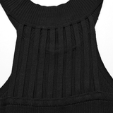 Black Halter Neck Knit Top with Edgy Woven Details