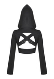 Black Hooded Crop Top with Strappy Design and Buckle Details