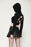 Black Hooded Crop Top with Strappy Design and Buckle Details