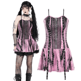 Black Lace Corset Dress with Pink Tie Dye Accents for Women