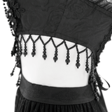 Black Lace Corset Dress with Rose Detail and Flowing Skirt