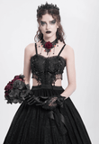 Black Lace Corset Dress with Rose Detail and Flowing Skirt