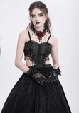 Black Lace Corset Dress with Rose Detail and Flowing Skirt