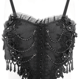 Black Lace Corset Dress with Rose Detail and Flowing Skirt