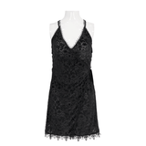 Kurzes Gothic-Kleid aus schwarzer Spitze mit tiefem V-Ausschnitt / Sexy Träger-Nachthemd mit Schlitz