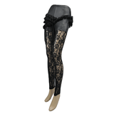 Pantalon fleur transparent noir Steampunk / Leggins en dentelle sexy avec volants en cuir Pu