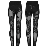 Black Lace Leggings with Mesh Panels and Floral Embroidery