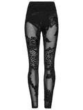 Black Lace Leggings with Mesh Panels and Floral Embroidery