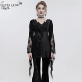 Black Lace Top with Tasseled Long Flared Sleeves for Women