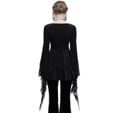 Black Lace Top with Tasseled Long Flared Sleeves for Women