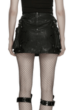 Black Leather Punk Mini Skirt with Buckles and Pouches