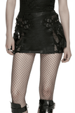 Black Leather Punk Mini Skirt with Buckles and Pouches