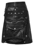 Black Leather Punk Mini Skirt with Buckles and Pouches