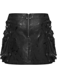 Black Leather Punk Mini Skirt with Buckles and Pouches