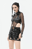 Black Mesh Bodysuit with Long Sleeves and Attached Hood