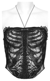 Black Mesh Halter Top with Embroidered Gothic Skeleton