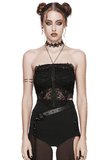 Black Mesh Halter Top with Embroidered Gothic Skeleton