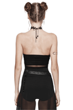 Black Mesh Halter Top with Embroidered Gothic Skeleton