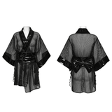 Black Mesh Kimono with Glossy Waist Corset for Women